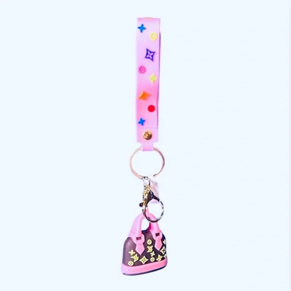 BAG CHARM/KEYCHAIN: Chocolate Brown and Pink Purse w/Wristlet, Custom. EUC